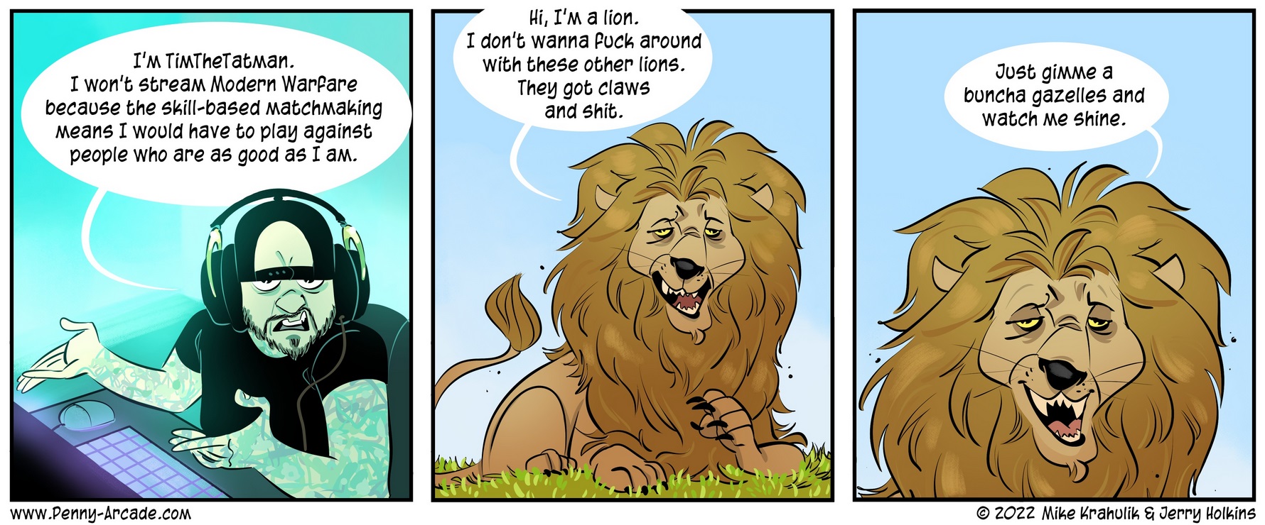 Comic von Penny Arcade über Streamer, die nur gegen Schwächere antreten wollen und das wird mit einem Löwen verglichen