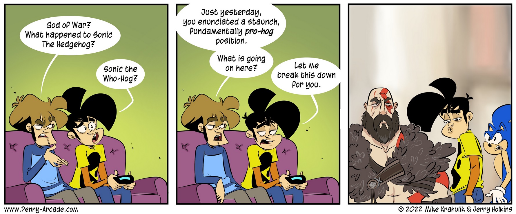 Penny Arcade Comic, der die Wichtigkeit von God of War mit dem Distracted Boyfriend Meme gleichsetzt