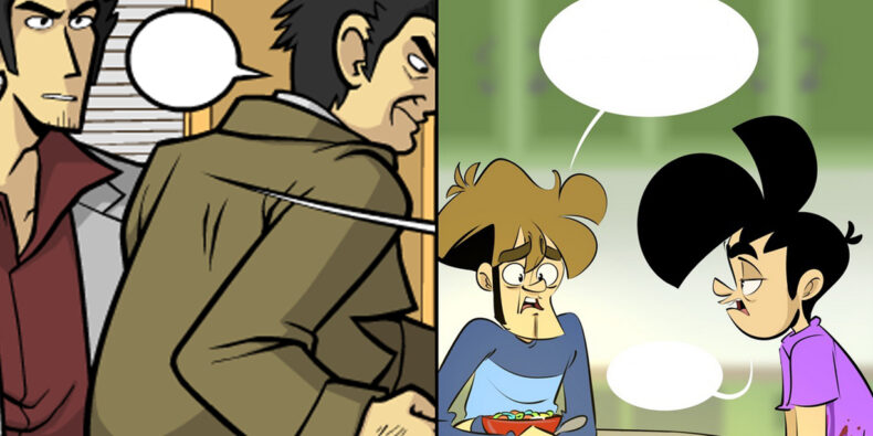 Ein Artikelbild bestehend aus jeweils einem Panel vom Penny Arcade Comic und ein Panel vom Awkward Zombie Comic