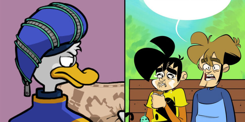 Ein Artikelbild bestehend aus jeweils einem Teil des Penny Arcade Comic und einem Teil des Comics von Awkward Zombie